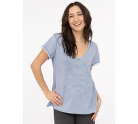 T-Shirt ZWILLINGSHERZ "Positive Mind", Damen, Gr. XXL/XXXL, blau (jeans), Stoff, Obermaterial: 100% Baumwolle, hüftbedeckend, V-Ausschnitt, Shirts T-Shirt, V-Ausschnitt, Kurzarm, Used-Look, Baumwolle,