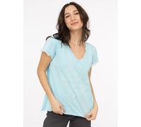 T-Shirt ZWILLINGSHERZ "Positive Mind", Damen, Gr. XXL/XXXL, blau (türkis), Stoff, Obermaterial: 100% Baumwolle, hüftbedeckend, V-Ausschnitt, Shirts T-Shirt, V-Ausschnitt, Kurzarm, Used-Look, Baumwolle