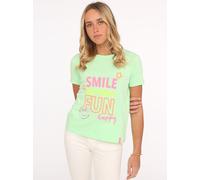 T-Shirt ZWILLINGSHERZ ""Smile Happiness Fun"", Damen, Gr. SM (S/M), grün (neongrün), Single Jersey, Obermaterial: 92% Baumwolle, 8% Elasthan, unifarben mit Farbeinsatz, comfort fit hüftbedeckend, Rund