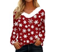 T-Shirts für Damen Weihnachten 3D Druck Sweatshirt Herbst Lässiges Oberteile Plüsch V Ausschnitt 3/4 Ärmel Pullover Für Damen Weihnachtskleidung