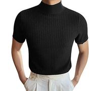 T-Shirts für Herren Hoher Kragen T-Shirts Männer Shirts Kurzarm Baumwolle Sport Shirts Sommer Kurzarmshirt Vintage Casual Tops Streetwear Tee Schwarz L