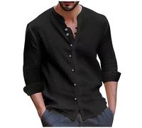 T-Shirts FüR Herren Muscle Shirt Herren Polohemd Herren Langarm Cotton Leinen Einfarbig Hemd Button Down Henley Strand Freizeithemd Mit Stehkragen Baumwolle Leinenhemden Mens T Shirt (Schwarz, M)