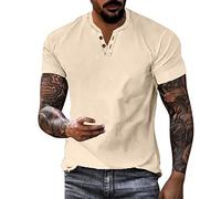 T-Shirts für Herren Oversize T Shirt Männer V Ausschnitt Shirts Kurzarm Sport Baumwolle Shirts Kurzarmshirt Sommer Vintage Casual Tops Cotton Tee Streetwear Beige L