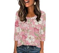 T-Shirts Mit 3/4-Ärmeln Für Damen Lockere Passform Oberteile Pullover Rundhalsausschnitt Blumendruck Tops Frühlingskleidung