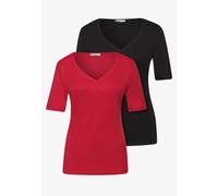 T-Shirt STREET ONE, Damen, Gr. 42, rot (schwarz, salsa rot), Web, 50% Baumwolle, 50% Modal, unifarben, normal normal, Rundhals, abgesteppt, Shirts T-Shirt, im soften Baumwoll-Mix (46555918-42) schwarz