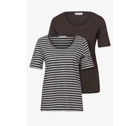 T-Shirt STREET ONE, Damen, Gr. 38, schwarz (espresso braun), Web, 50% Baumwolle, 50% Modal, gestreift, unifarben, normal normal, V-Ausschnitt, abgesteppt, Shirts T-Shirt, mit abgerundetem V-Ausschnitt