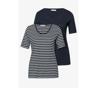 T-Shirt STREET ONE, Damen, Gr. 34, schwarz-weiß (shadowed navy), Web, 50% Baumwolle, 50% Modal, gestreift, unifarben, normal normal, V-Ausschnitt, abgesteppt, Shirts T-Shirt, mit abgerundetem V-Aussch