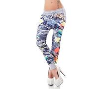 TA Fashion Damen Freizeit Hose Jogpants Baggy Harem Destroyed Jeans Look Print 34-38 (as3, Alpha, one_Size, Regular, Regular, Grau (Graffiti))