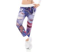 TA Fashion Damen Freizeit Hose Jogpants Baggy Harem Destroyed Jeans Look Print 34-38 (as3, Alpha, one_Size, Regular, Regular, Weiß (Flaggen))