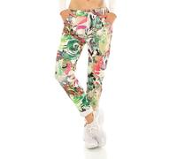 TA Fashion Damen Hose Jogpants Baggy Boyfriend Freizeithose Dschungel-Papagei Totenkopf oder Blumen Print 36-40 (Grün-Pink-7096)