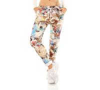 TA Fashion Damen Hose Jogpants Baggy Boyfriend Freizeithose Dschungel-Papagei Totenkopf oder Blumen Print 36-40 (Beige-Braun-7096)