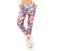 TA Fashion Damen Hose Jogpants Baggy Boyfriend Freizeithose Dschungel-Papagei Totenkopf oder Blumen Print 36-40 (Rosa-Pink-7096)