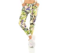 TA Fashion Damen Hose Jogpants Baggy Boyfriend Freizeithose Dschungel-Papagei Totenkopf oder Blumen Print 36-40 (Grün-Lila-7096)