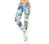 TA Fashion Damen Hose Jogpants Baggy Boyfriend Freizeithose Dschungel-Papagei Totenkopf oder Blumen Print 36-40 (Blau-7096)