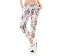 TA Fashion Damen Hose Jogpants Baggy Boyfriend Freizeithose Dschungel-Papagei Totenkopf oder Blumen Print 36-40 (Schwarz-Skull)