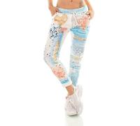 TA Fashion Damen Hose Jogpants Baggy Boyfriend Freizeithose Dschungel-Papagei Totenkopf oder Blumen Print 36-40 (Blau-12980)