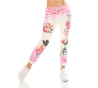 TA Fashion Damen Hose Jogpants Baggy Boyfriend Freizeithose Dschungel-Papagei Totenkopf oder Blumen Print 36-40 (Pink-Herz)