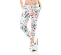 TA Fashion Damen Hose Jogpants Baggy Boyfriend Freizeithose Dschungel-Papagei Totenkopf oder Blumen Print 36-40 (Türkis-Skull)