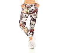 TA Fashion Damen Hose Jogpants Baggy Boyfriend Freizeithose Dschungel-Papagei Totenkopf oder Blumen Print 36-40 (Schwarz-7096)