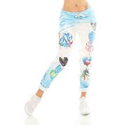 TA Fashion Damen Hose Jogpants Baggy Boyfriend Freizeithose Dschungel-Papagei Totenkopf oder Blumen Print 36-40 (Blau-Herz)