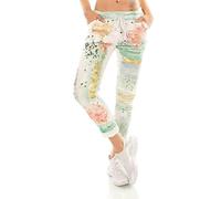 TA Fashion Damen Hose Jogpants Baggy Boyfriend Freizeithose Dschungel-Papagei Totenkopf oder Blumen Print 36-40 (Grün-12980)