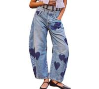 TACSTRUN Baggy Vintage Boyfriend-Barre-Jeans für Damen im Stil der 90er, Trendige Herz-Patch-Arbeit, lässige Denim-Hose mit weitem Bein und Knöchel,Blau,XL