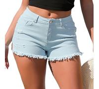 TACSTRUN Damen Denim Shorts High Waisted Zerrissene Stretchige Jeans Kurz Distressed Ausgefranste Saum Denim Hot Short,Blau,L