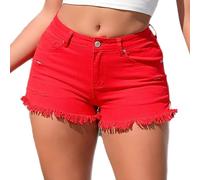 TACSTRUN Damen Denim Shorts High Waisted Zerrissene Stretchige Jeans Kurz Distressed Ausgefranste Saum Denim Hot Short,Rot,M