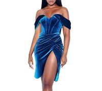 TACSTRUN Damen Elegant Samt Korsett Kleid Eine Schulter Rohr Top Schlitz Mini A-Linie Wrap Hip Kurze Kleid Cocktail Party Kleid,Blau,S