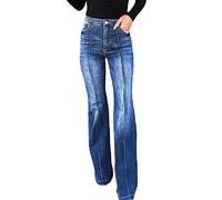 TACSTRUN Damen High Waist Flare Bell Bottom Jeans Patchwork Washed Wide Leg Denim Hose,Dark Blue,L