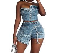 Damen Sexy 2 Stück Denim Short Set, Sexy Tube Top Und High Waisted Cargo Jean Shorts Party Clubwear,Blau,M