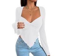 TACSTRUN Damen Sexy V-Ausschnitt Flare Langarmshirt y2k Einfarbig Slim Fit Gestricktes Crop Top,Weiß,S