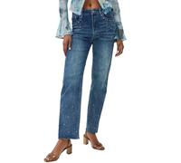 TACSTRUN Damen Strass Gerade Bein Jeans High Waisted Stretchy Distressed Denim Hosen,Blau,XL