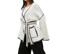 TACSTRUN Damen Strickjacke mit Gürtel und V-Ausschnitt Strickjacke mit Taschen Trendiger Herbstpullover,Weiß,M