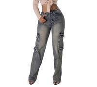 TACSTRUN Damen Vintage Cargo Jeans Hohe Taille Stretchy Baggy Distressed Straight Leg Denim Hosen,Blau,XXL