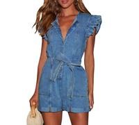 TACSTRUN Denim Jumpsuit für Frauen Hohe Taille Stretch Rüsche Ärmellose Button Lace Up Kurze Strampler mit Taschen,Dark Blue,S