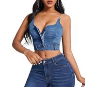 TACSTRUN Denim Korsett Top für Frauen Sexy Deep V-Neck Tube Top Zipper Camisole Backless Cropped Tank Vest,Blau,S