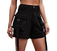 TACSTRUN Frauen Cargo Shorts Y2k Elastische Mid Rise Relaxed Fit Wandern Taktische Denim Shorts Mit Taschen,Schwarz,M