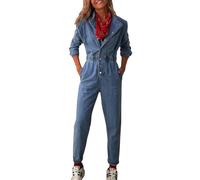 TACSTRUN Frauen Casual Langarm Denim Jumpsuit Hohe Taille Revers Stretch Gewaschene Slim Fit Jeans Strampler,Blau,L