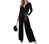 TACSTRUN Frauen Casual Langarm Jumpsuits Samt Belted V Hals Outfit Party Dressy Weite Bein Strampler,Schwarz,3XL