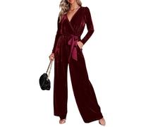 TACSTRUN Frauen Casual Langarm Jumpsuits Samt Belted V Hals Outfit Party Dressy Weite Bein Strampler,Rot,L