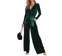 TACSTRUN Frauen Casual Langarm Jumpsuits Samt Belted V Hals Outfit Party Dressy Weite Bein Strampler,Grün,S