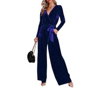 TACSTRUN Frauen Casual Langarm Jumpsuits Samt Belted V Hals Outfit Party Dressy Weite Bein Strampler,Blau,S