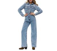 TACSTRUN Frauen Casual Lange Ärmel Denim Jumpsuit Hohe Taille Slim Fit Button Straight Jean Strampler mit Taschen,Light Blue,M