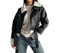 TACSTRUN Frauen Faux Shearing Pelz Winter Mantel Warm Dicke Revers Reißverschluss Fell gefüttert Kunstleder Jacke mit Gürtel,Schwarz,S