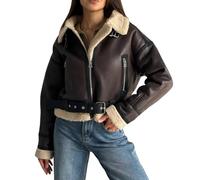 TACSTRUN Frauen Faux Shearing Pelz Winter Mantel Warm Dicke Revers Reißverschluss Fell gefüttert Kunstleder Jacke mit Gürtel,Braun,L