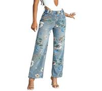 TACSTRUN Frauen hohe Taille Baggy Jeans Stretch Wide Leg Gedruckt Gestickte Gerade Bein Denim Hosen,Blau,L