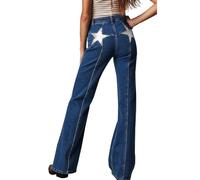 TACSTRUN Frauen hohe Taille Stretchy Bootcut Jeans Baggy Star Patch Distressed Straight Denim Hosen,Dark Blue,XXL
