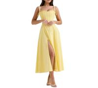 TACSTRUN Frauen Korsett Kleid Sexy Spaghetti Strap Bustier Floral Midi Kleid Low Cut Flowy Split Hem Formale Kleider,Gelb,S