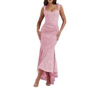 TACSTRUN Frauen Korsett Kleid Sexy Tube Top Spaghetti Strap Midi Kleid Low Cut Flowy Floral Plissierte Saum Formale Kleider,Rosa,M